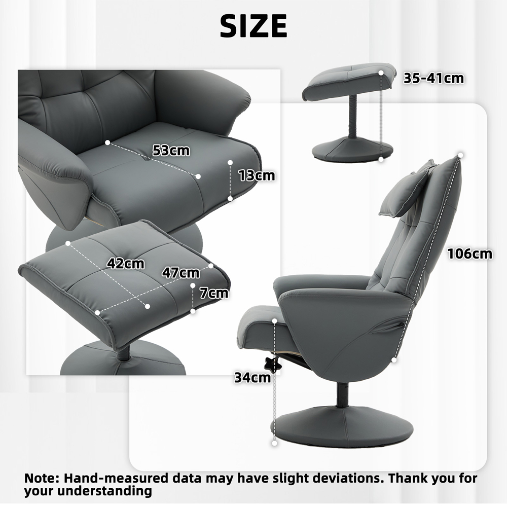 Langham Grey PU Leather Swivel Recliner Armchair with Footrest Stool Image 9