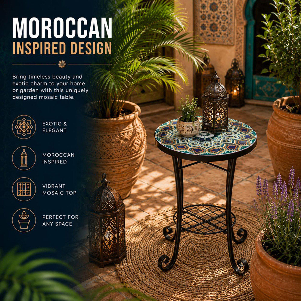 Shatchi Casablanca 2-in-1 Single Shelf Mosaic Ceramic Tile Top Plant Stand Side Table Image 7