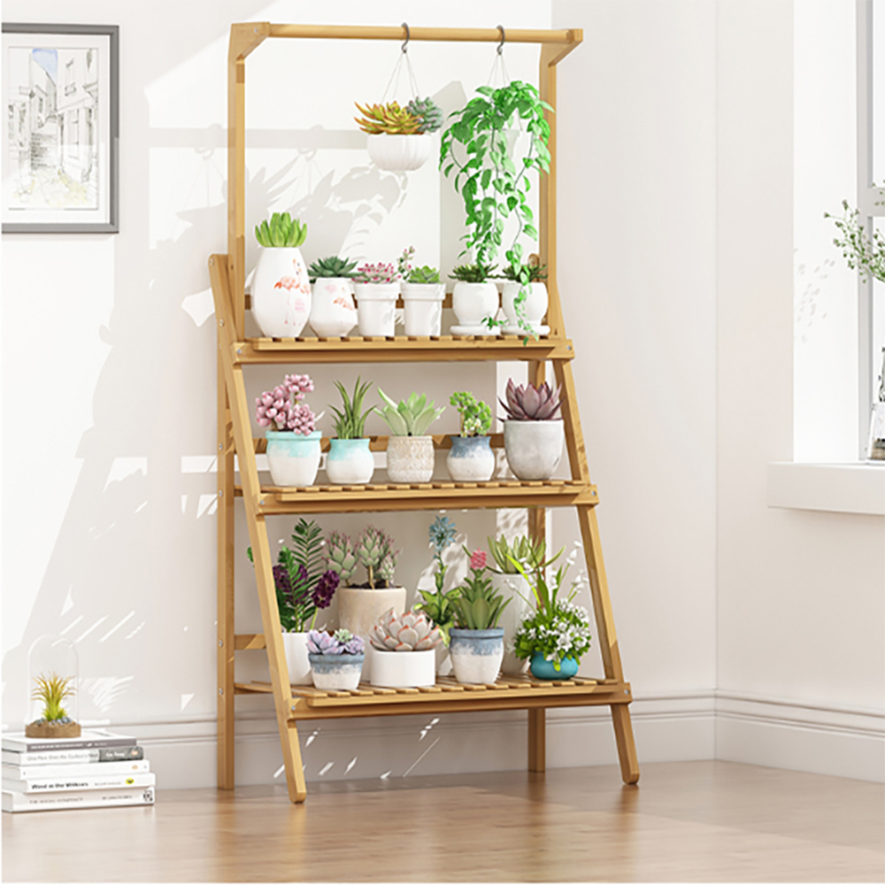 Living and Home 3 Shelf Ladder Bookshelf with Hanging Rod Image 6