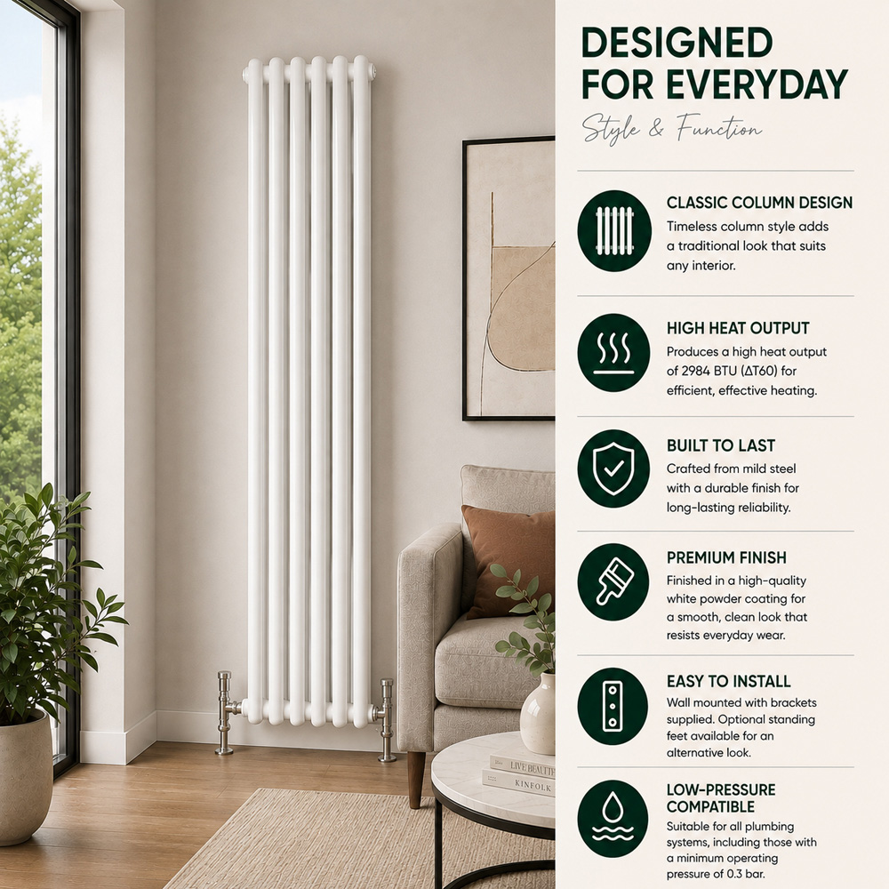 Go Bathrooms Uxbridge White Vertical Traditional Colosseum Radiator 1800 x 290mm Image 5