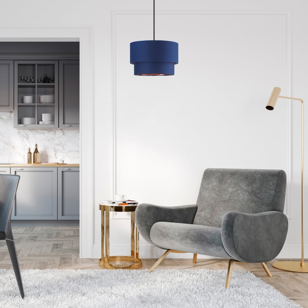 Happy Homewares Navy Blue Cotton Shiny Copper Inner Double Tier Pendant Shade Image 2