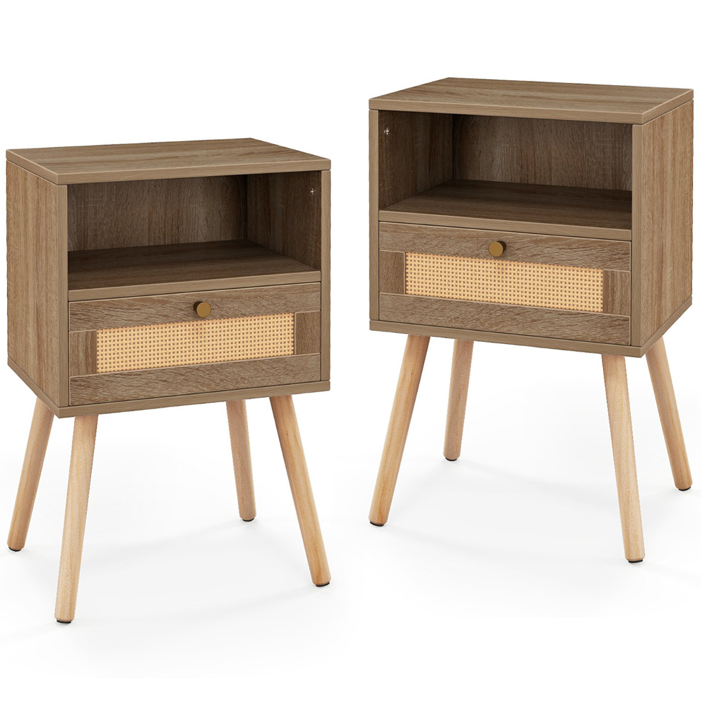 Costway Single Drawer Single Shelf Natural Rattan Bedside Table Set of 2 Image 2