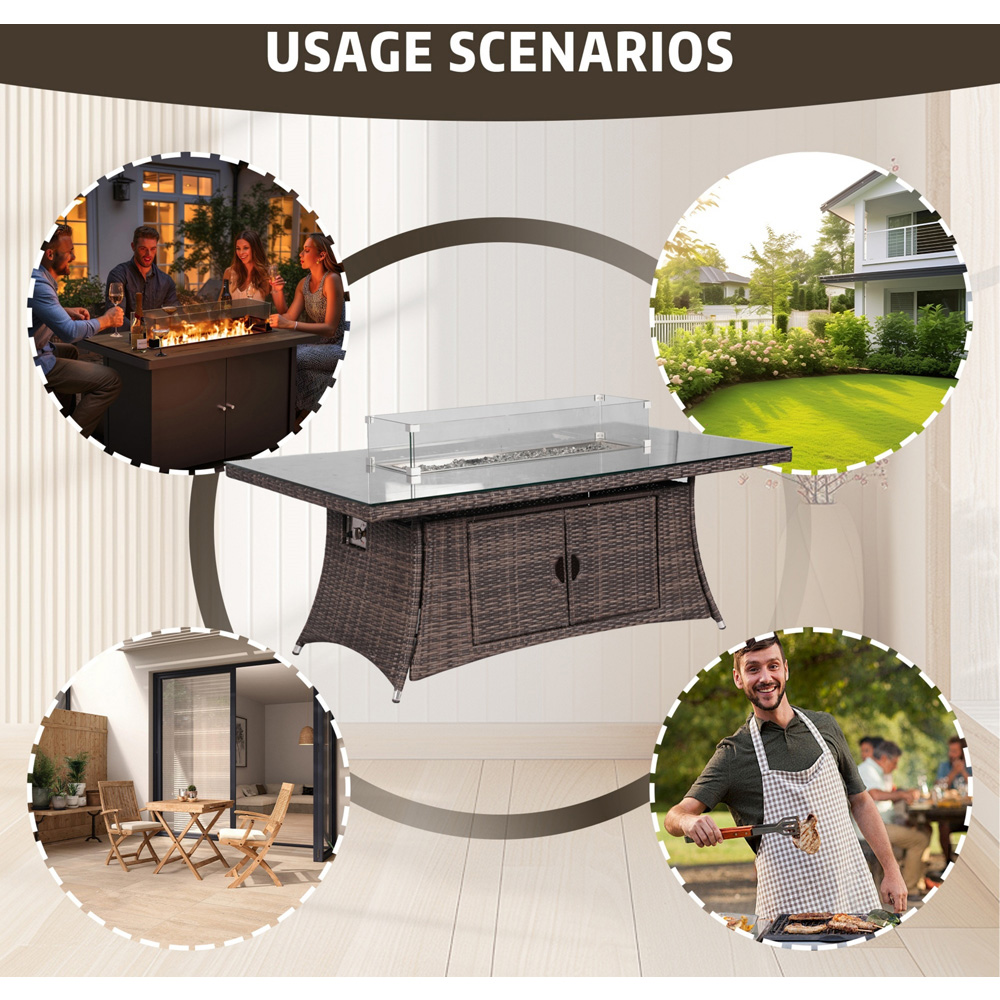 Direct Wicker 6 Seater Brown Rattan Rectangular Fire Pit Dining Table with Glass Top Image 7