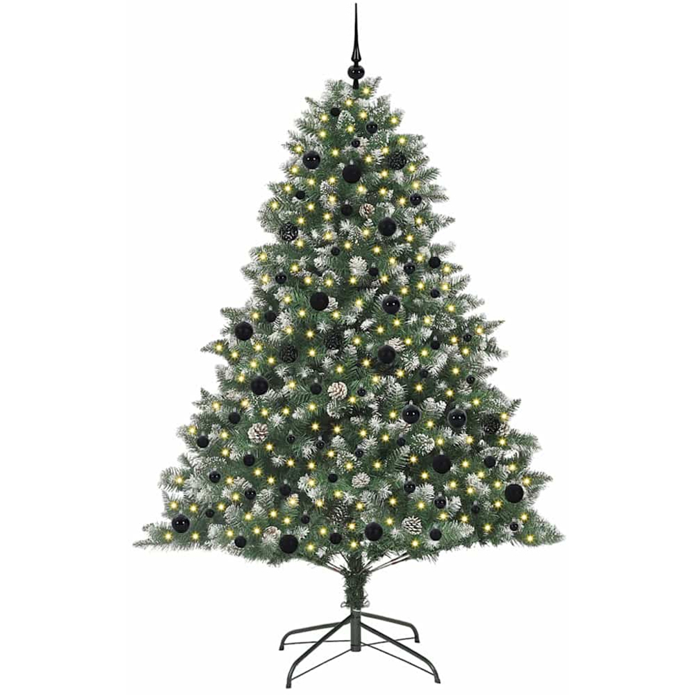vidaXL Pre-Lit Black Baubles Green Artificial Snow Tipped Christmas Tree 7ft Image 1
