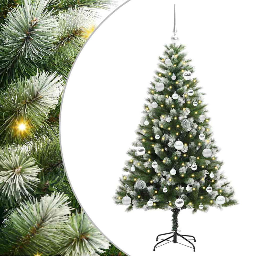 vidaXL Pre-Lit Silver Baubles Green Artificial Snow Tipped Hinged Christmas Tree 5ft Image 2
