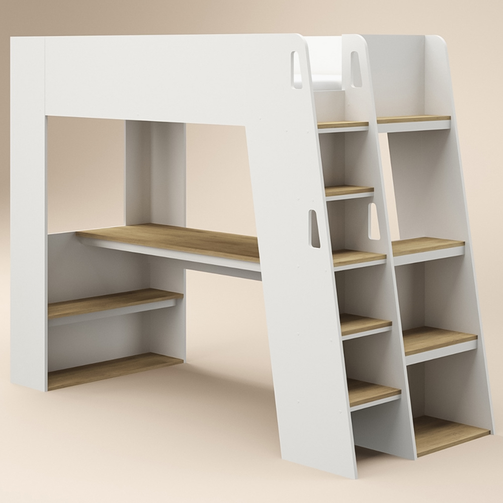 Flair Fern White and Oak High Sleeper Bed with Storage Staircase and Desk Image 2
