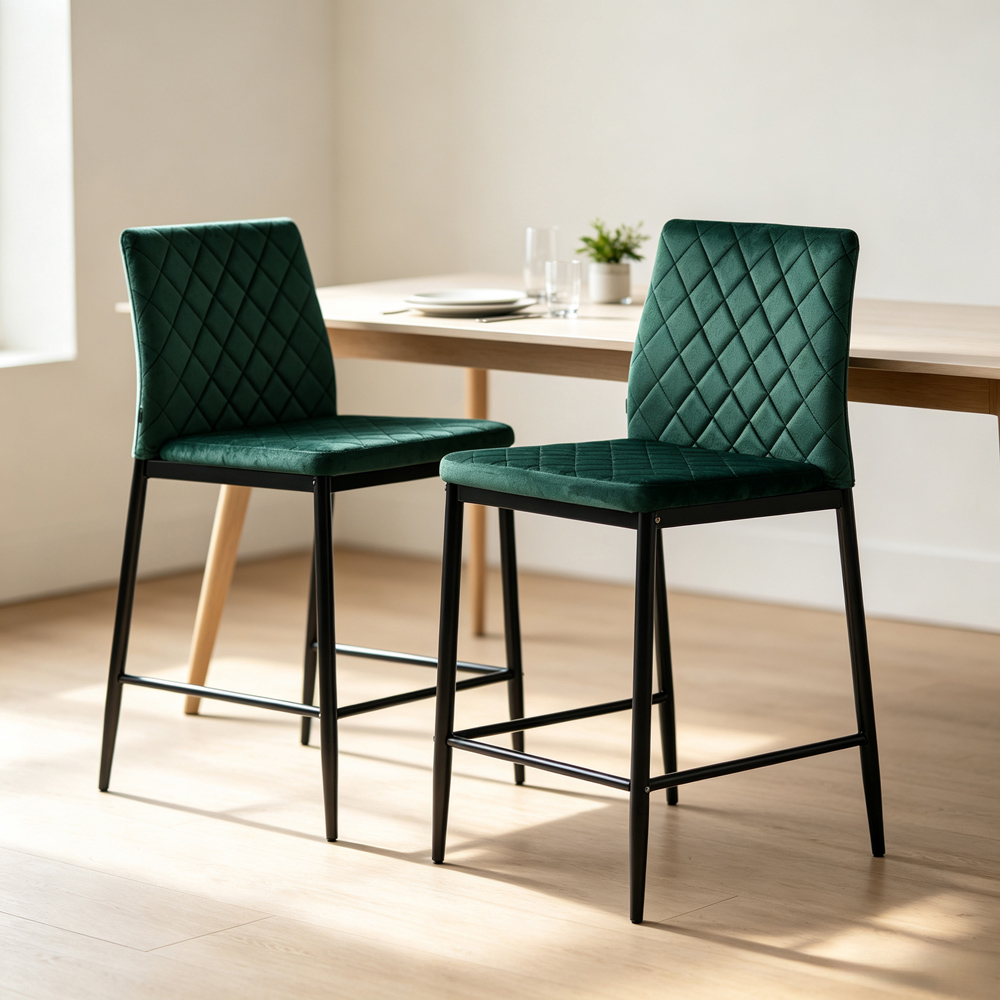 Living and Home Dark Green Velvet Diamond Stitched Bar Stool Set of 2 Image 7