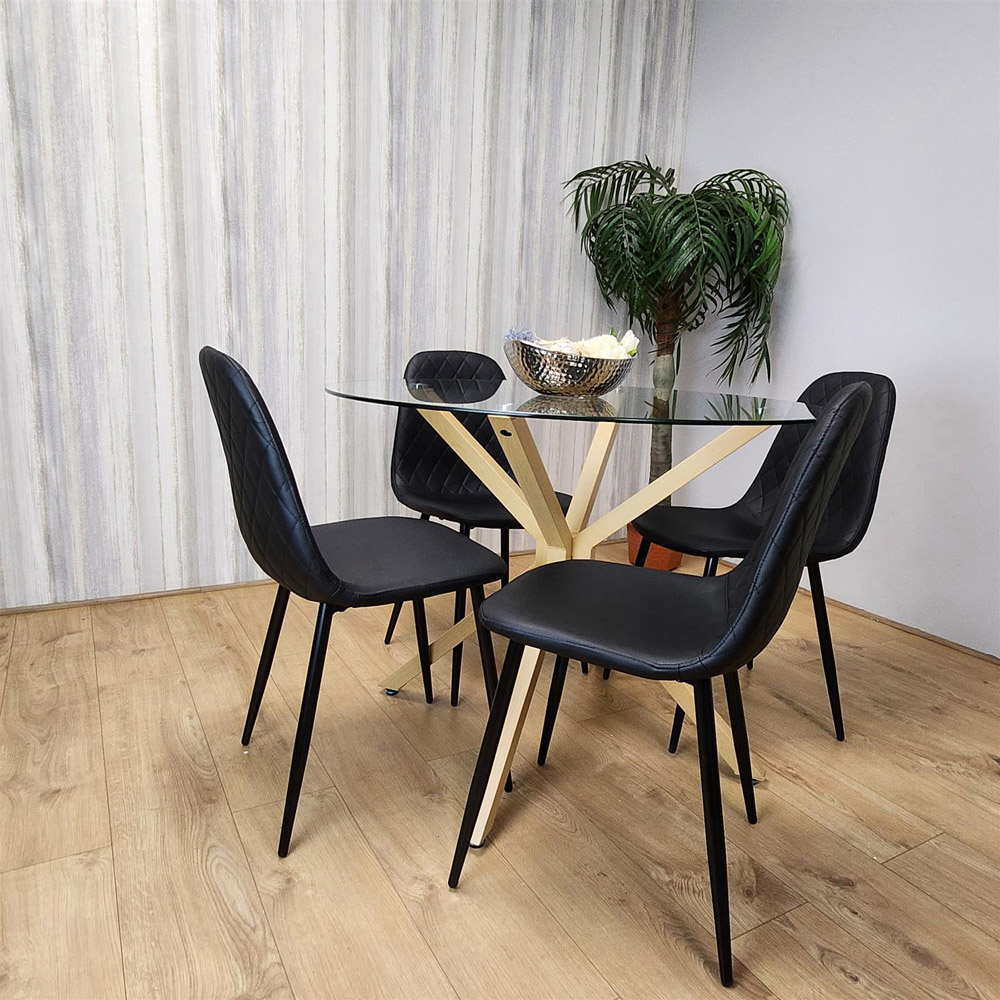 Kosy Koala 4 Seater Glass and Faux Leather Gem Pattern Round Dining Set Black Image 4