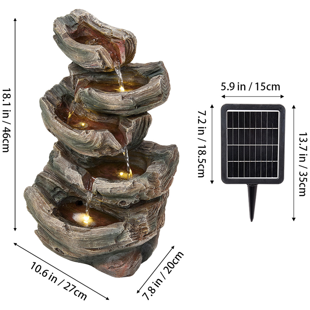 Living and Home 5-Tier Realistic Log Wood and Rock Effect Solar LED Water Feature Image 5