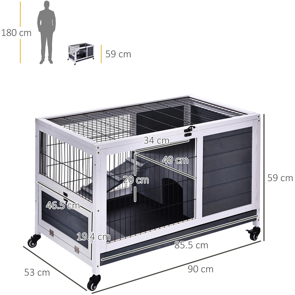PawHut Grey Wooden Elevated Rabbit Hutch with Wheels Image 6