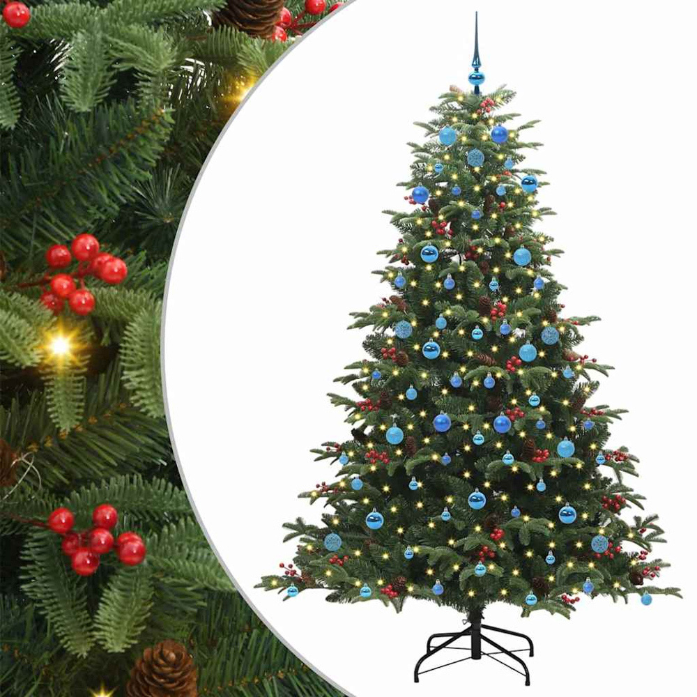 vidaXL Pre-Lit Warm White LED and Blue Baubles Green Artificial Christmas Tree with Stand 7ft Image 7