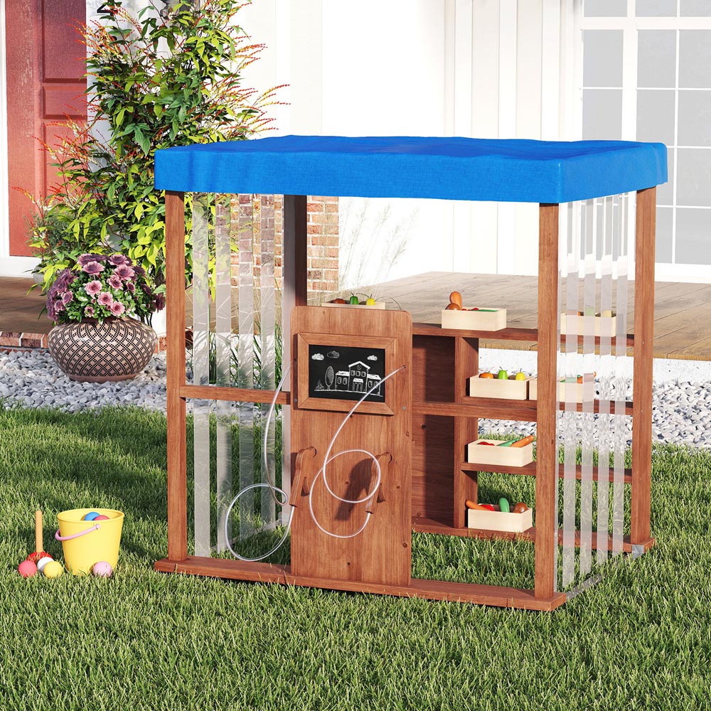 Costway Kids Natural Wooden Outdoor Gas Station Play Set with Canopy and Simulation Refuelling Guns Image 2