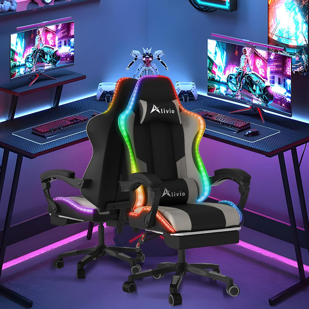 Alivio Grey PU Leather Wireless App Control LED Gaming Chair with Massage Lumbar Cushion Image 3