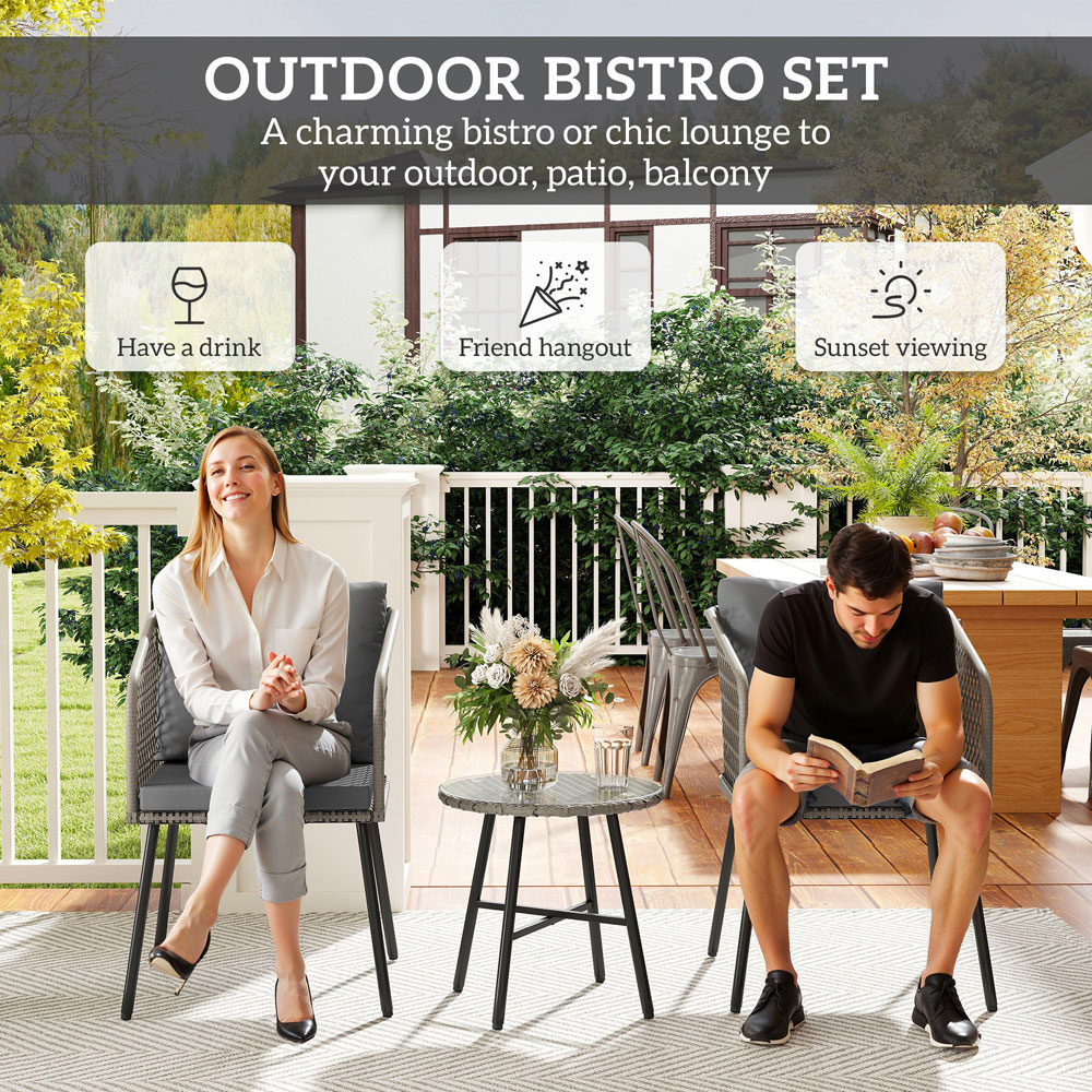Outsunny 2 Seater Grey Rattan Bistro Set with Cushions Image 8