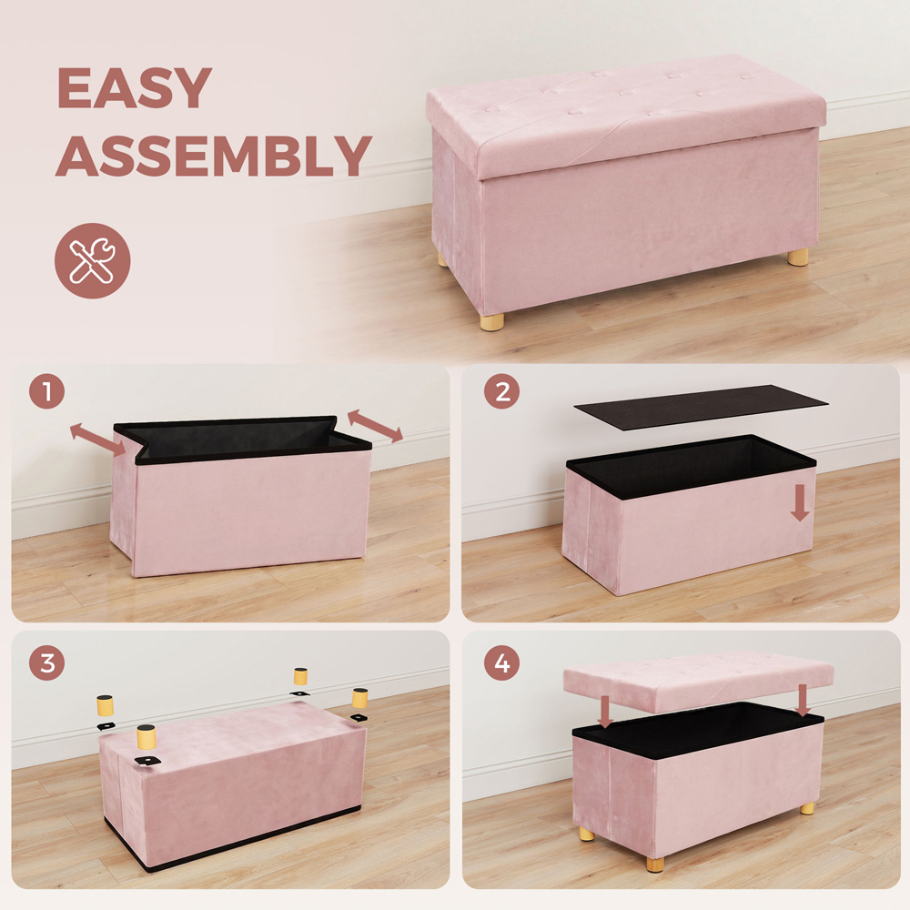 HOMCOM Pink Velvet Upholstered Foldable Ottoman Footrest with Wood Legs Image 7