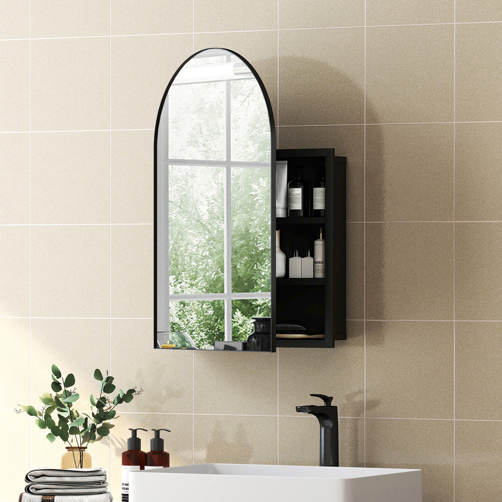 Portland 3 Hidden Shelf Black Arched Bathroom Mirror Cabinet Image 3