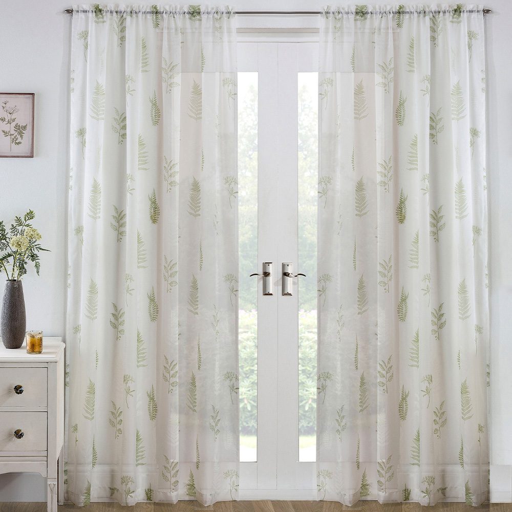 Tyrone Textiles Bracken Green Wild Leaf Print Rod Pocket Voile Panel Curtains 140 x 229cm Image 1