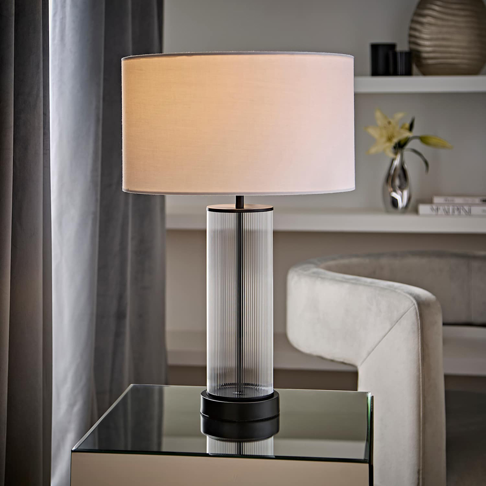 ValueLights Calin White Drum Shade Matte Black Ribbed Glass Table Lamp with Bulb Image 6