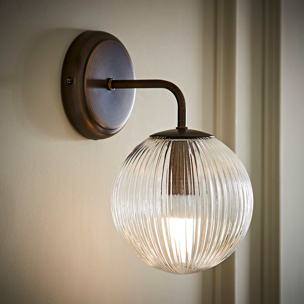 ValueLights Kempton Brushed Brass Ribbed Globe Shade Wall Light with Bulb 2 Pack Image 7
