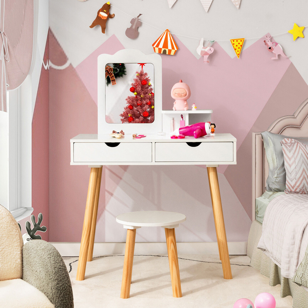 Costway White Kids Vanity Table and Stool Set with Mirror Image 3