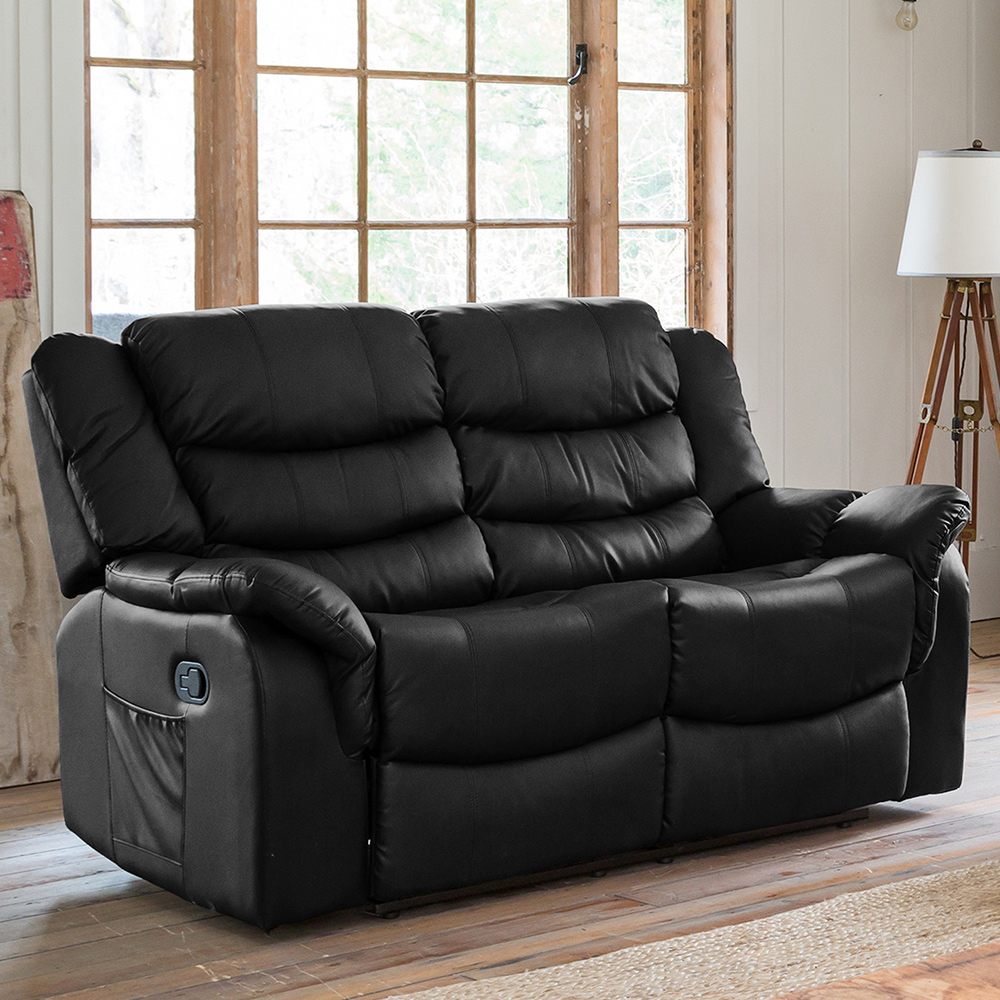 Almeira 2 Seater Black Bonded Leather Massage and Heat Manual Recliner Sofa Image 1