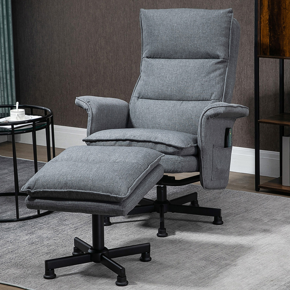 HOMCOM Grey Upholstered Massage Swivel Recliner Armchair with Footstool Image 1