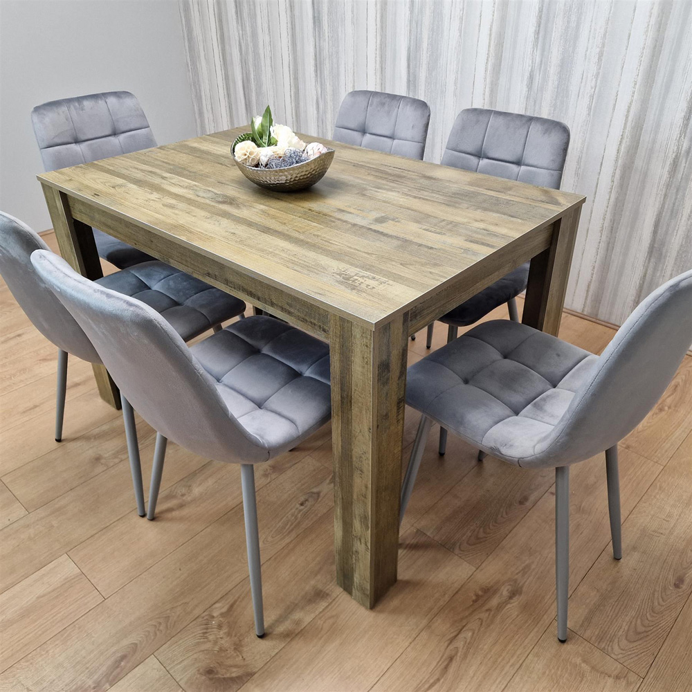 Portland 6 Seater Dining Set Rustic Effect and Grey Velvet Image 5