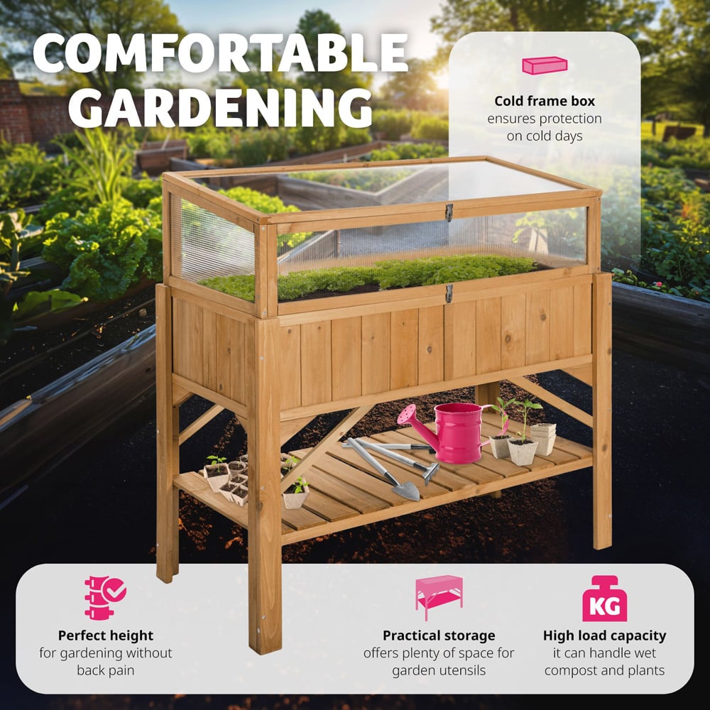 tectake 57 x 119cm Wooden Raised Garden Bed with Storage Shelf and Cold Frame Attachment Image 4