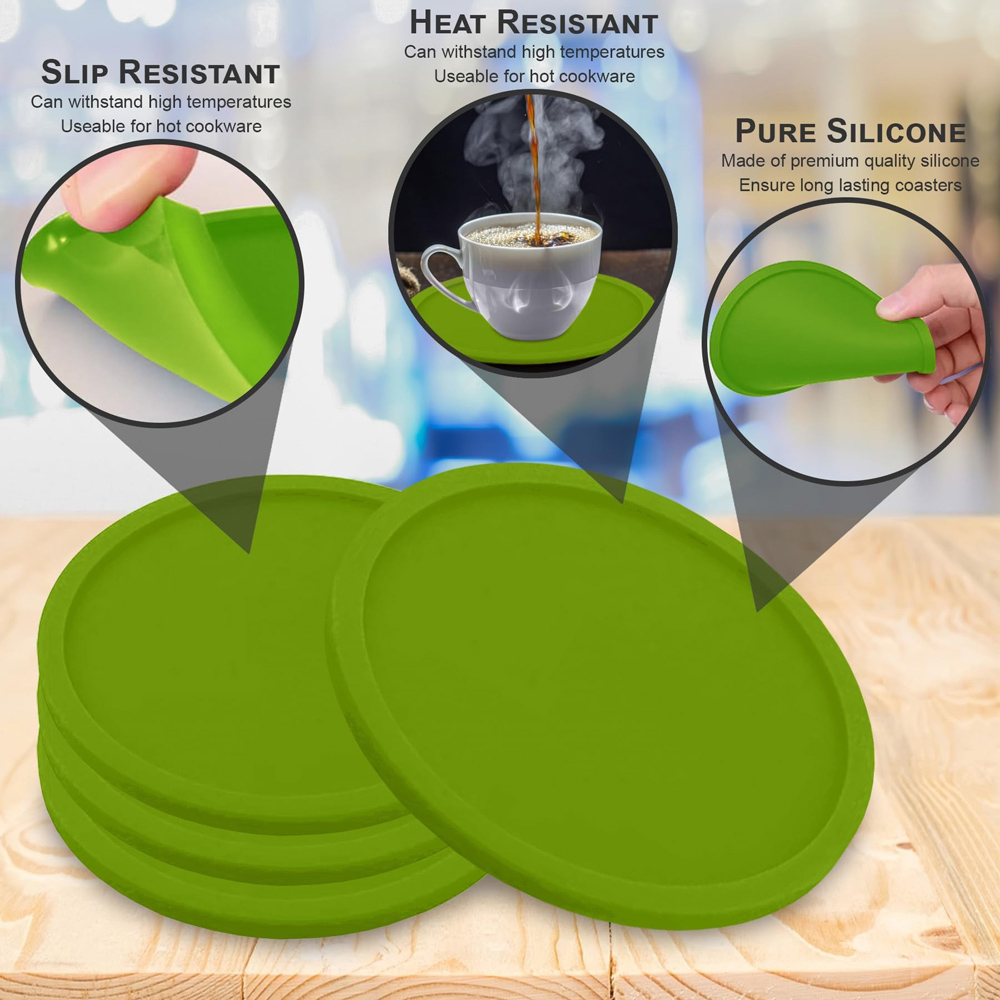 ATEK Green Silicone Non-Slip Round Drink Coaster 4 Pack Image 2