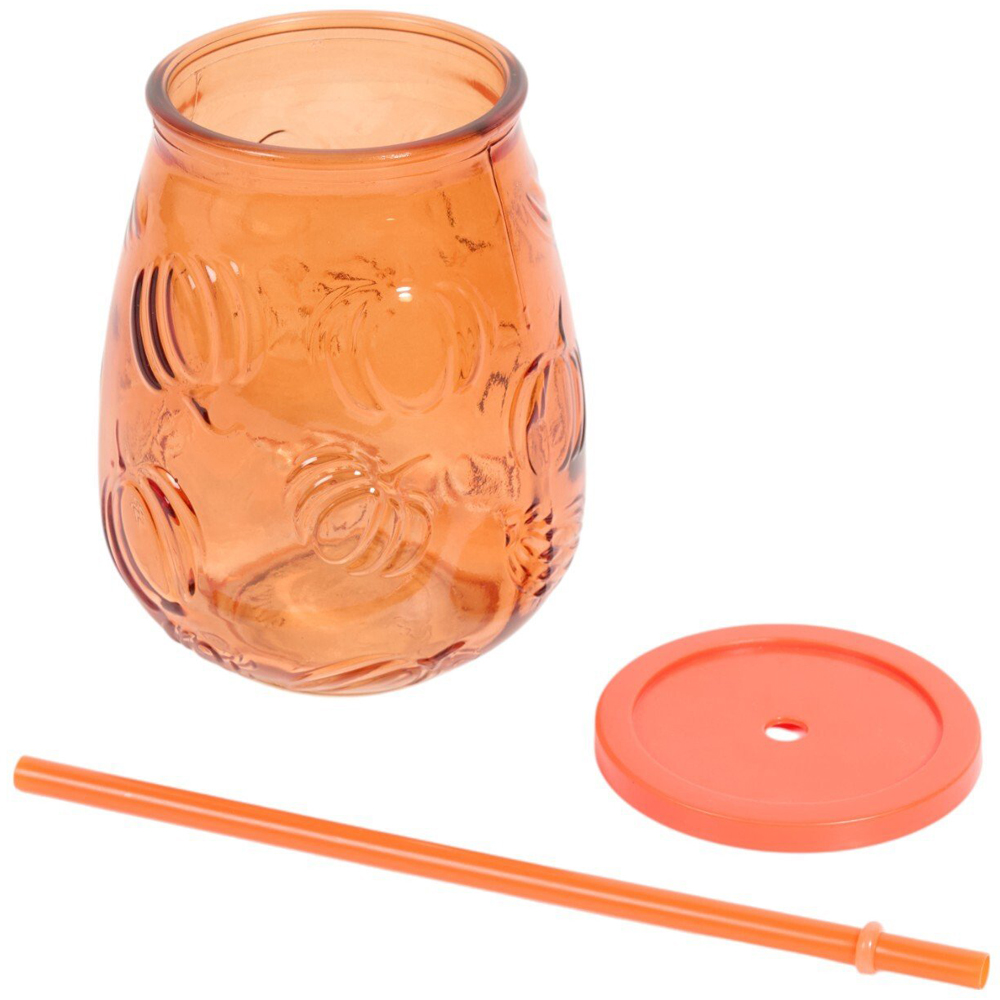 Pumpkin Glass Jar with Lid and Straw Orange Image 3