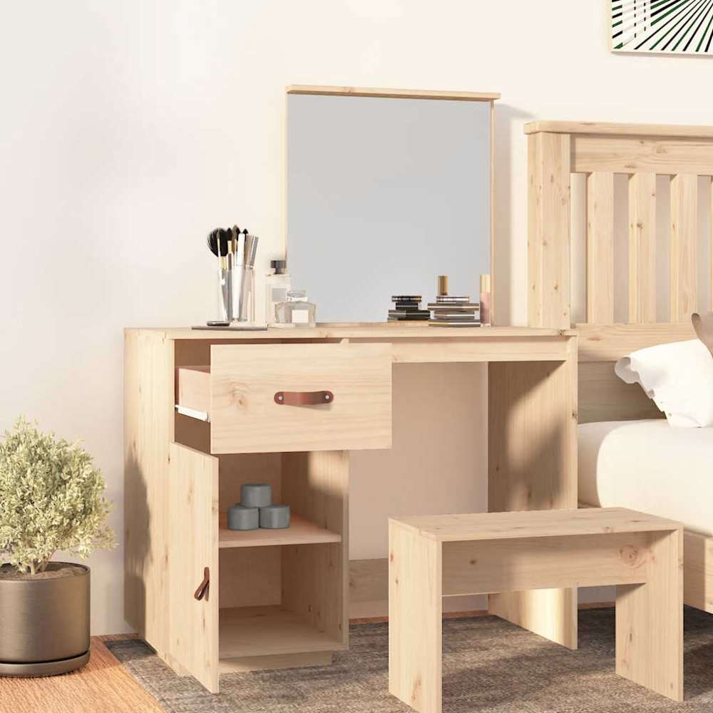 vidaXL Single Door Single Drawer Natural Solid Wood Pine Dressing Table with Mirror Image 8