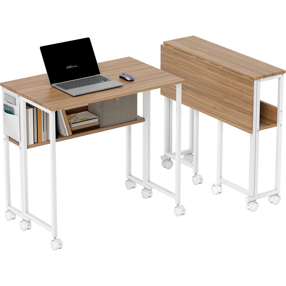 HOMCOM Single Shelf Foldable Computer Desk with Wheels and Side Bag Natural Image 2