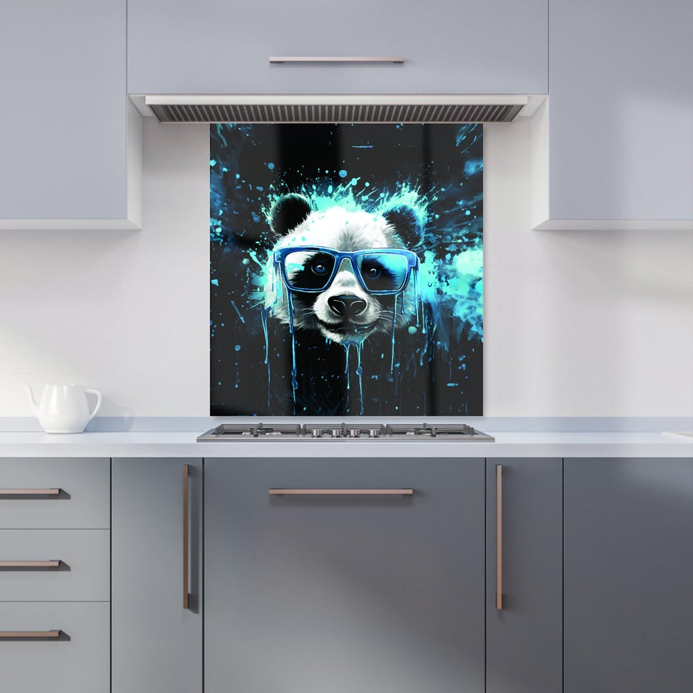Warren Reed Designer Blue Splashart Panda Face Glass Kitchen Splashback 75 x 70cm Image 1