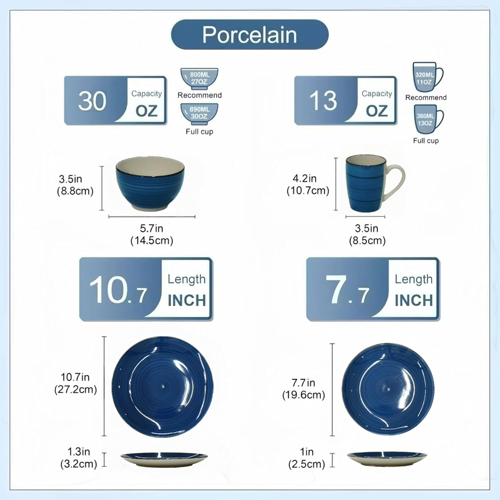 Alivio Spiral Glaze Blue Lead-Free Porcelain 16 Piece Dinner Set Image 7