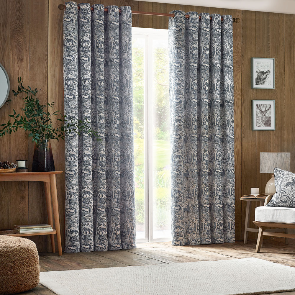 furn. Winter Woods Midnight Animal Chenille Eyelet Curtains 168 x 137cm Image 1