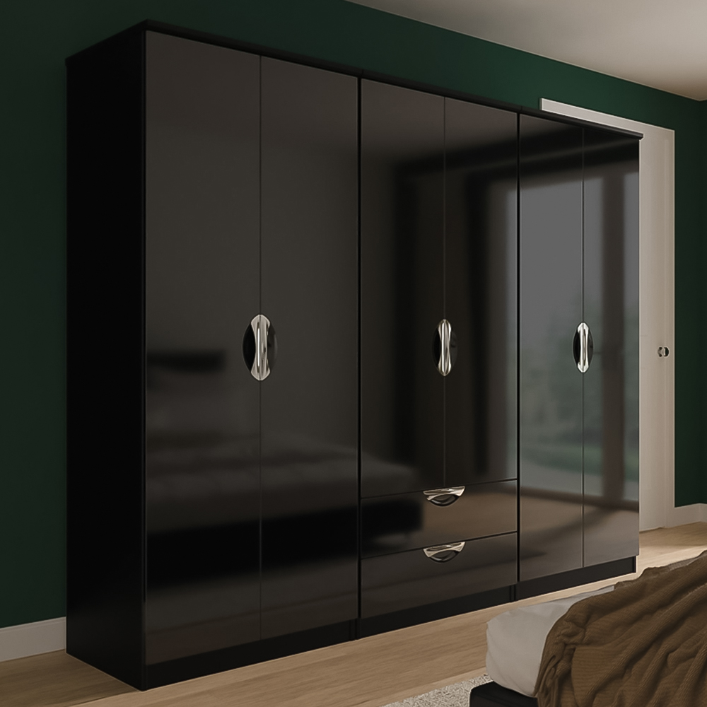 Crowndale Camden 6 Door 2 Drawer Black Gloss and Black Wardrobe Ready Assembled Image 1