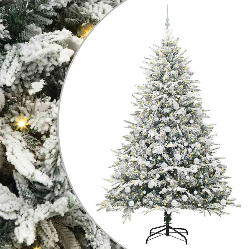 vidaXL 300 LED Pre-Lit White Baubles Green Artificial Snow Flocked Christmas Tree 7ft Image 2