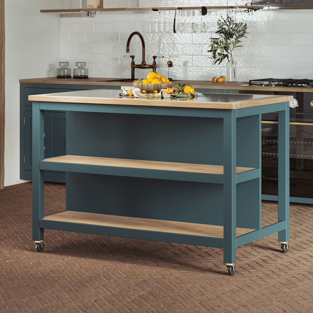 Baumhaus Kitchen Island 2 Shelf Blue Cabinet Open with Breakfast Bar Image 5