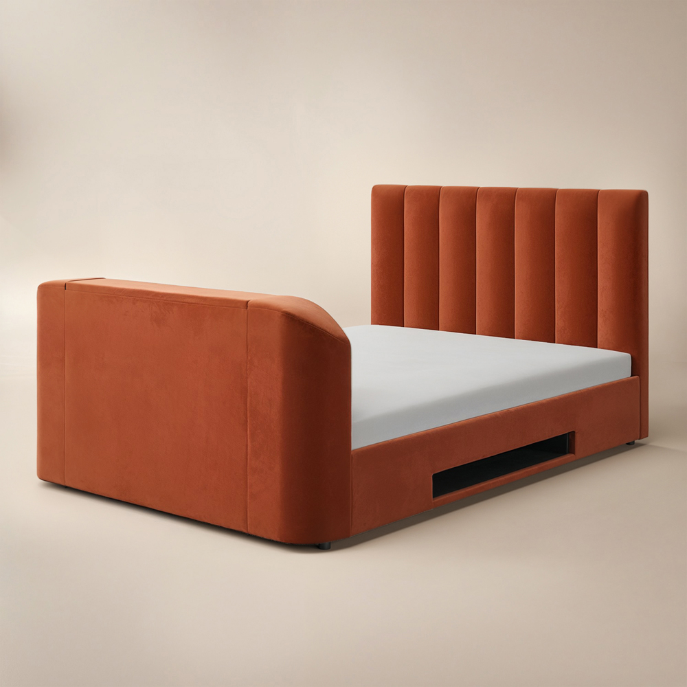 Flair Megane Double Burnt Orange Velvet Side Lift TV Ottoman Bed Image 2