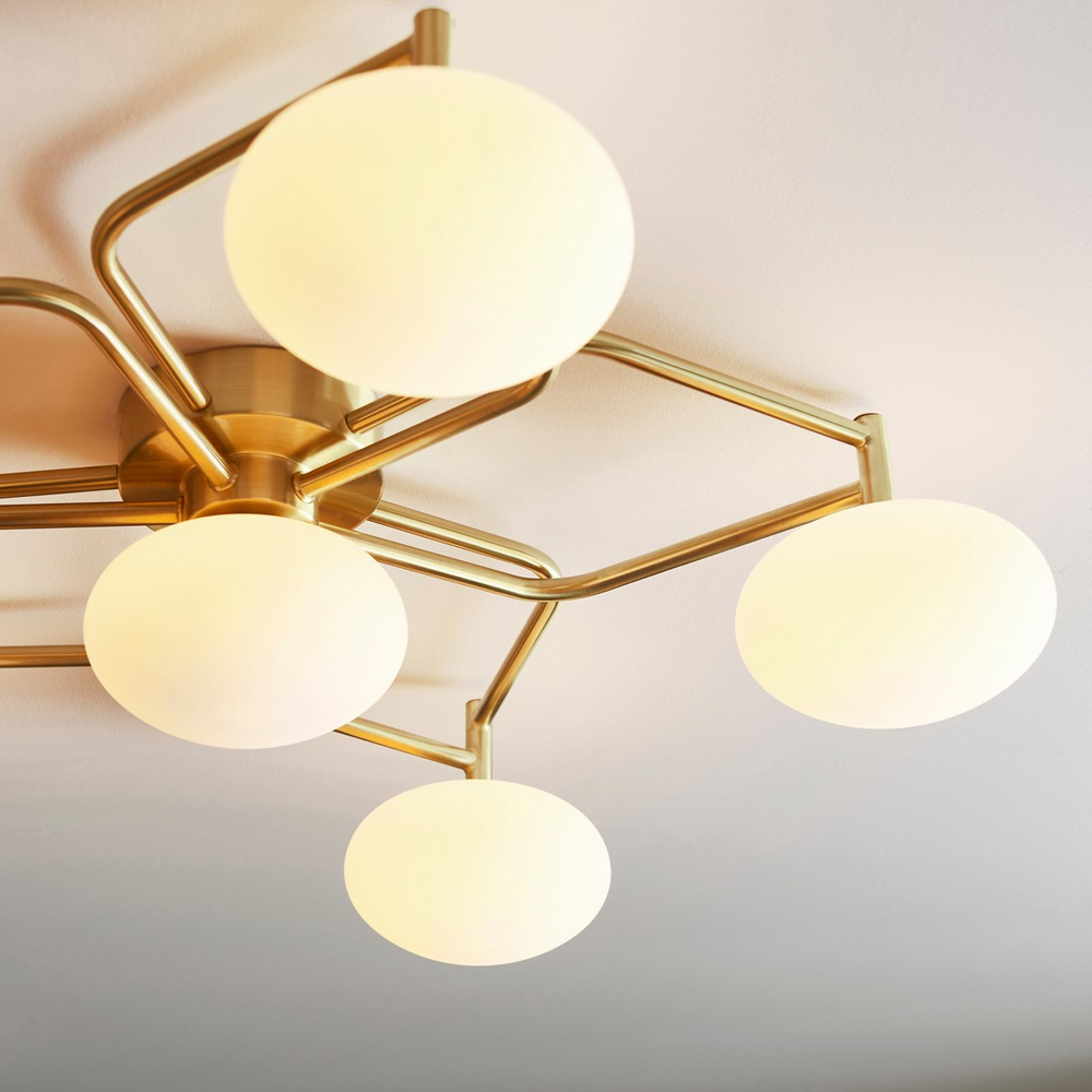 Merano Pesaro Matt Opal Glass Satin Brass Plate Flush Ceiling Light Image 4