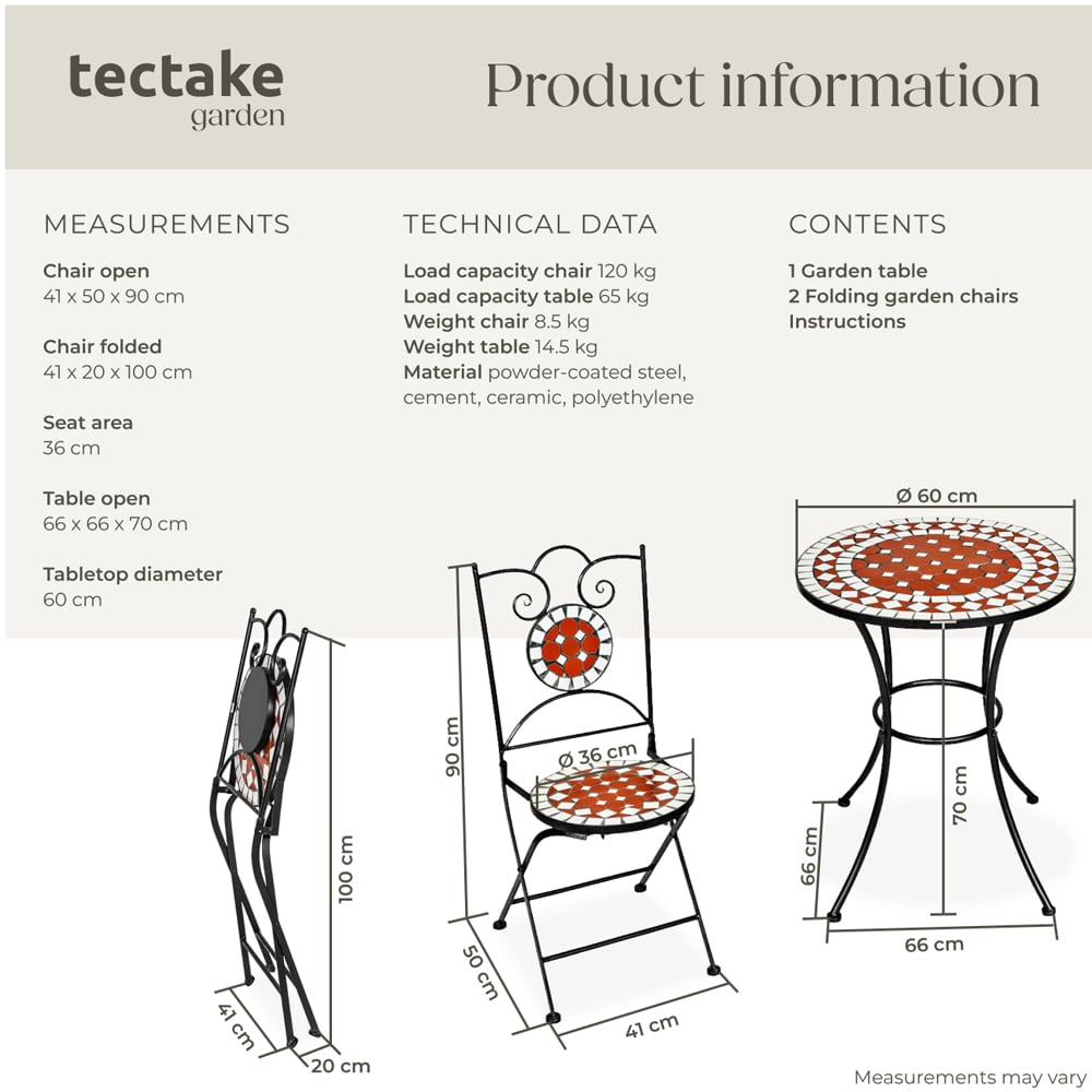 tectake 2 Seater Mosaic Patio Bistro Set Image 9