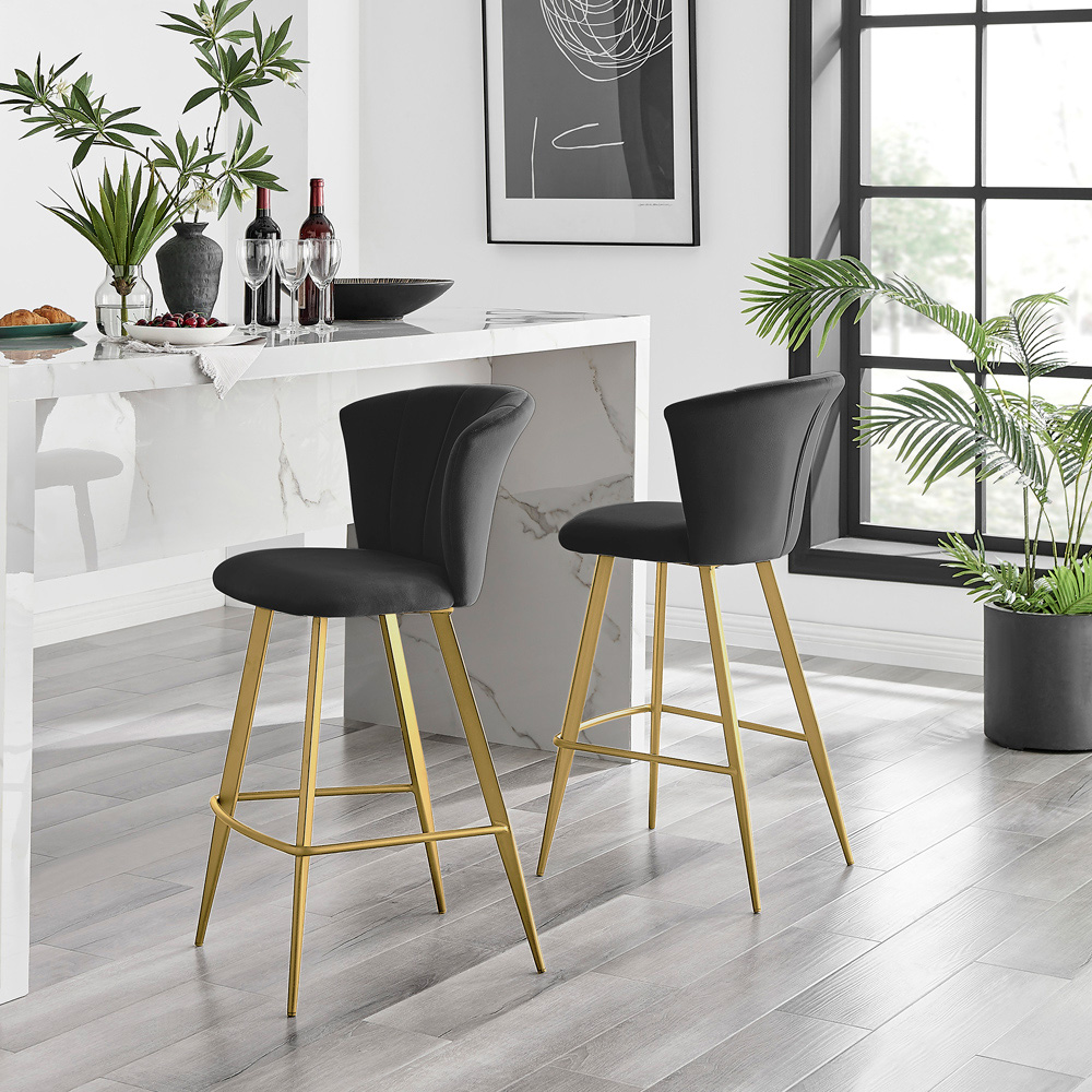 Furniturebox Hazel Black and Gold Velvet Bar Stool Set of 2 Image 2