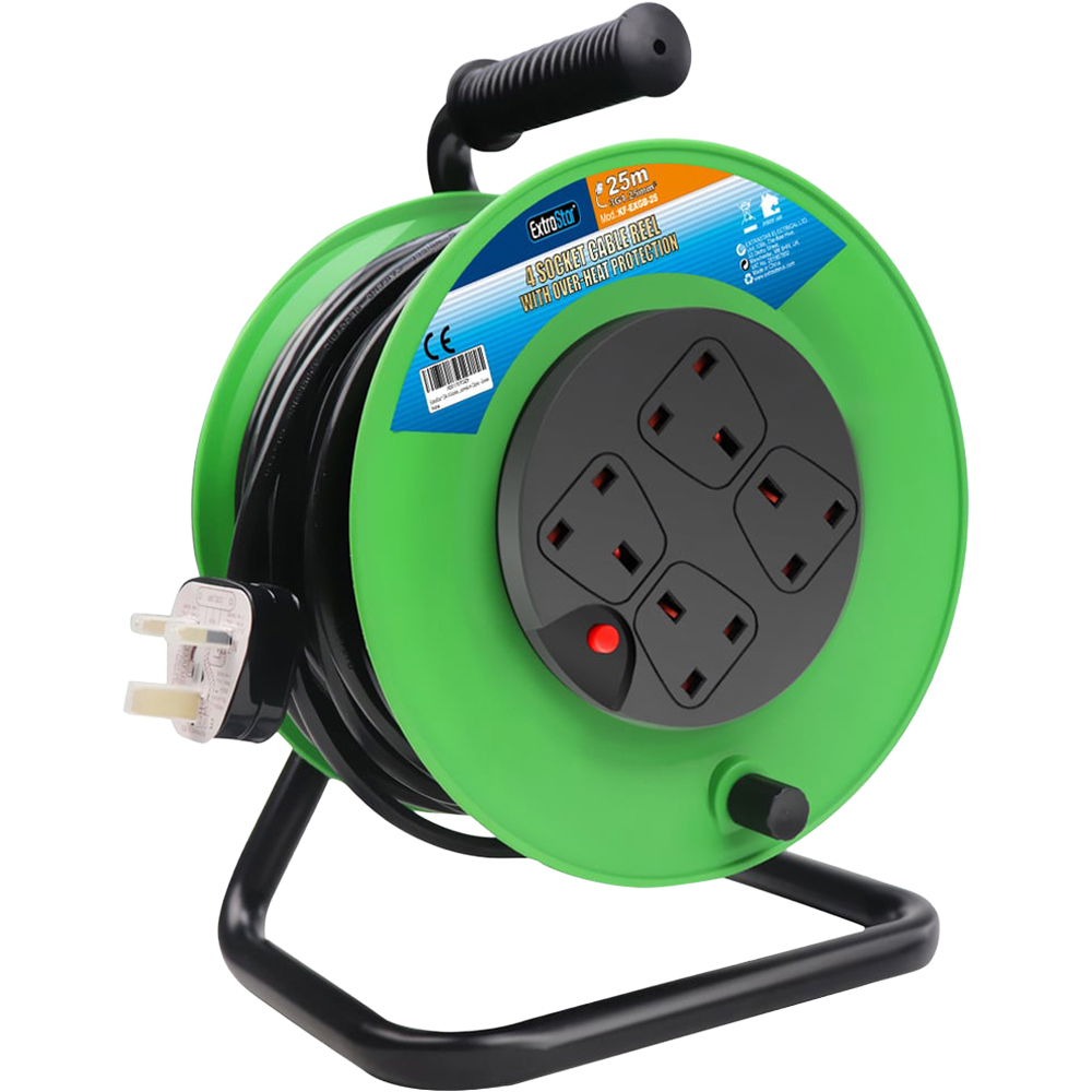 ExtraStar 13A 25m 4 Socket Green Unswitched Heavy Duty Cable Reel Image 1