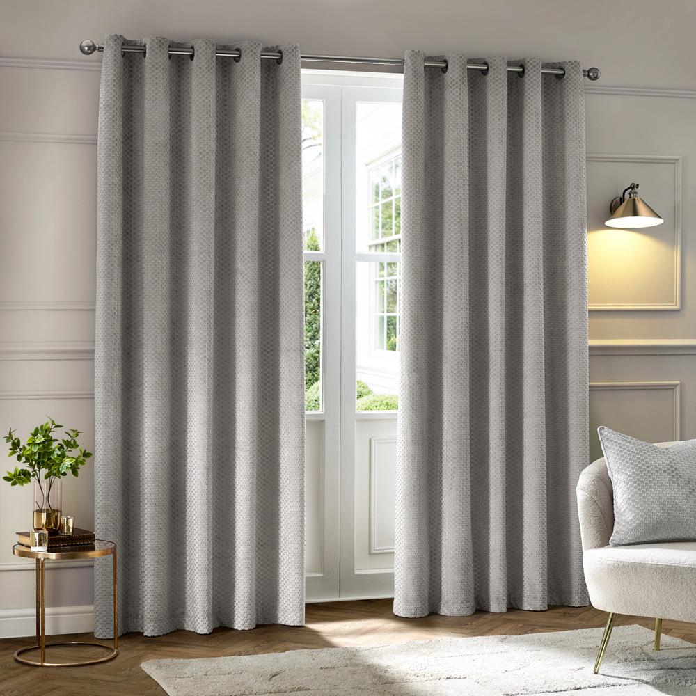 Paoletti Neptune Silver Fully Lined Velvet Eyelet Curtains 117 x 137cm Image 1