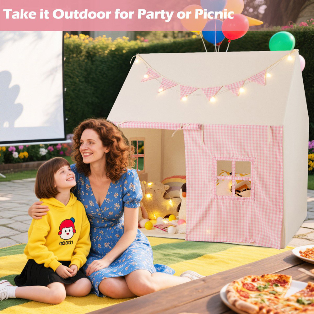 Costway Kids Pink Tent House Play Set with Padded Mat Image 5