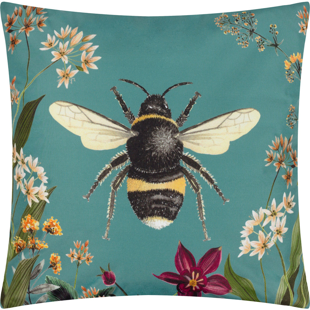 Wylder Midnight Teal Garden Bee Outdoor Reversible Cushion Image 1