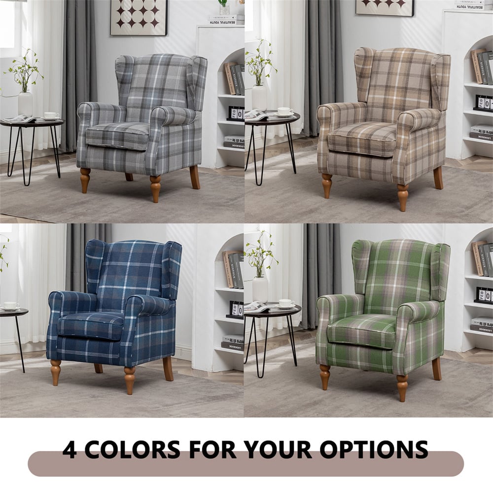 Furniture One Grey Check Fabric Wing Back Fireside Armchair Image 6
