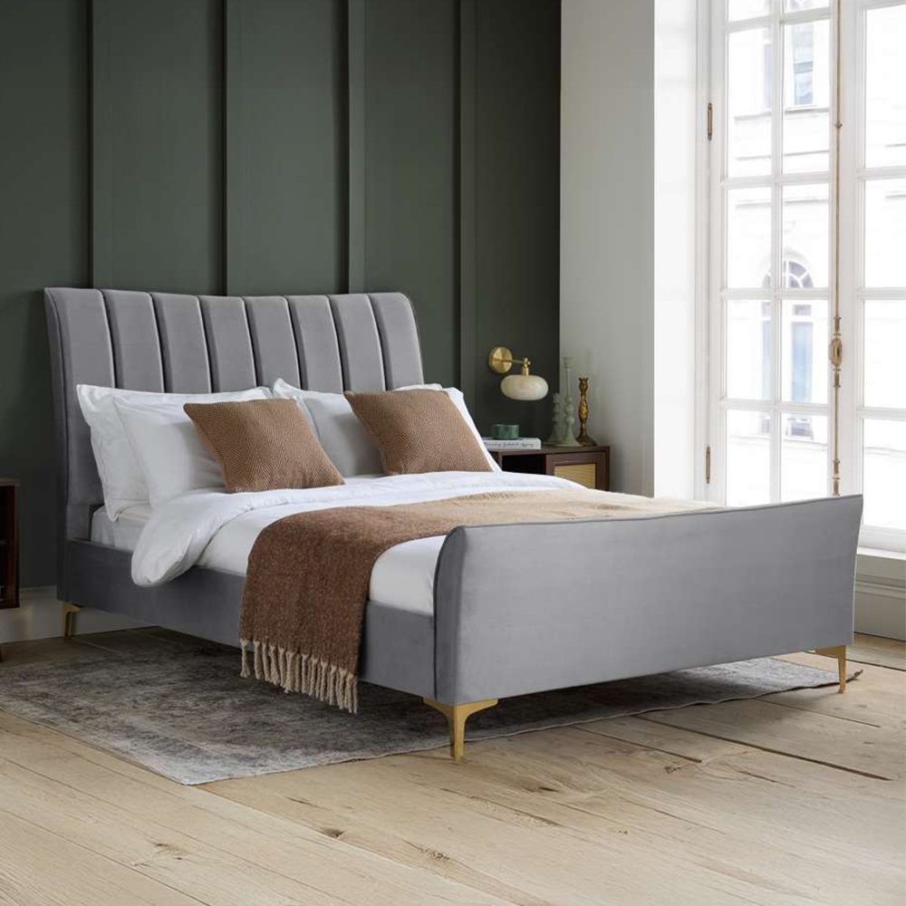 Clover Small Double Grey Velvet Bed Image 1