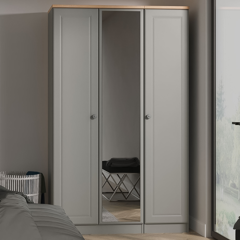 Crowndale Norfolk 3 Door Dusk Grey and Bardolino Oak Mirror Wardrobe Ready Assembled Image 1