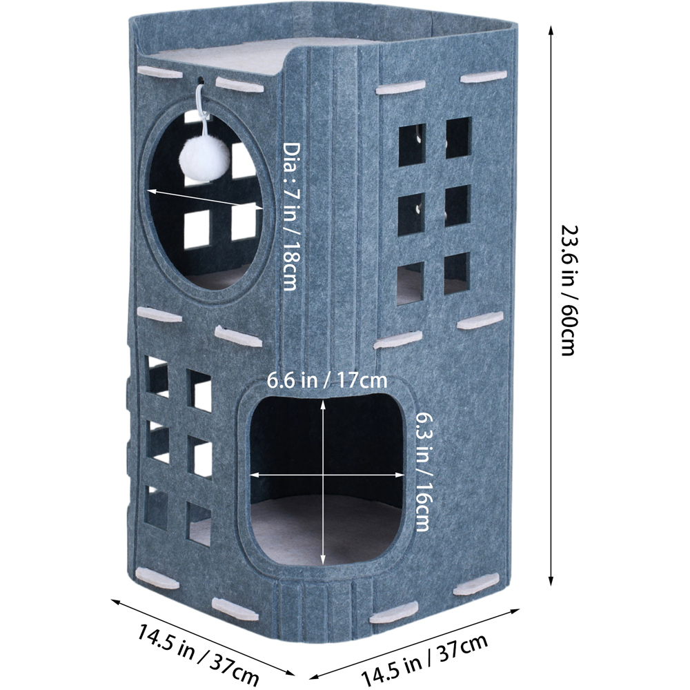 H&O Direct 2-Tier Grey Felt Cat House with Hanging Fluffy Ball Image 6